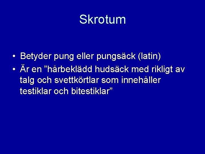 Skrotum • Betyder pung eller pungsäck (latin) • Är en ”hårbeklädd hudsäck med rikligt