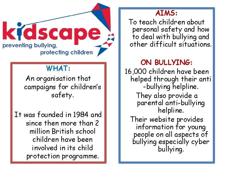 AIMS: To teach children about personal safety and how to deal with bullying and