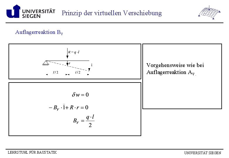 Prinzip der virtuellen Verschiebung Auflagerreaktion BV Vorgehensweise wie bei Auflagerreaktion AV. LEHRSTUHL FÜR BAUSTATIK