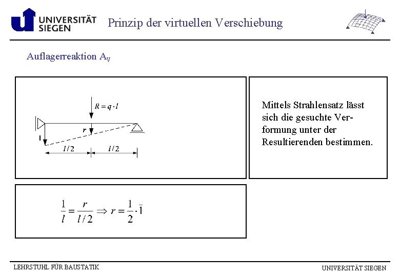 Prinzip der virtuellen Verschiebung Auflagerreaktion AV Mittels Strahlensatz lässt sich die gesuchte Verformung unter