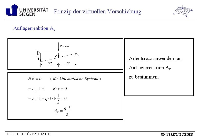 Prinzip der virtuellen Verschiebung Auflagerreaktion AV Arbeitssatz anwenden um Auflagerreaktion AV zu bestimmen. LEHRSTUHL