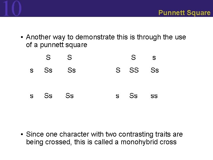 10 Punnett Square • Another way to demonstrate this is through the use of