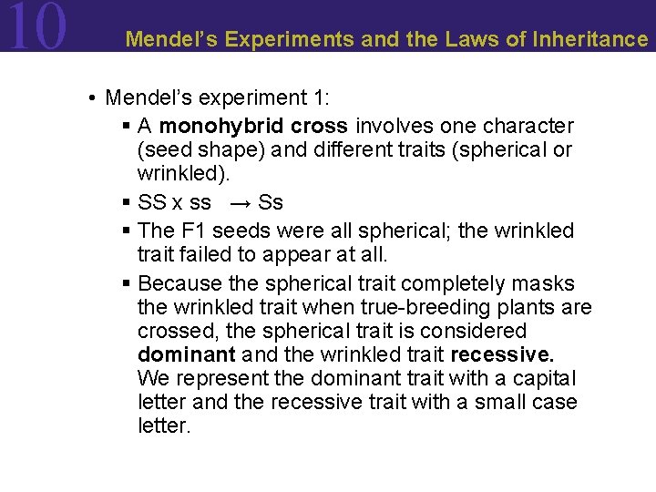 10 Mendel’s Experiments and the Laws of Inheritance • Mendel’s experiment 1: § A 10 Mendel’s Experiments and the Laws of Inheritance • Mendel’s experiment 1: § A