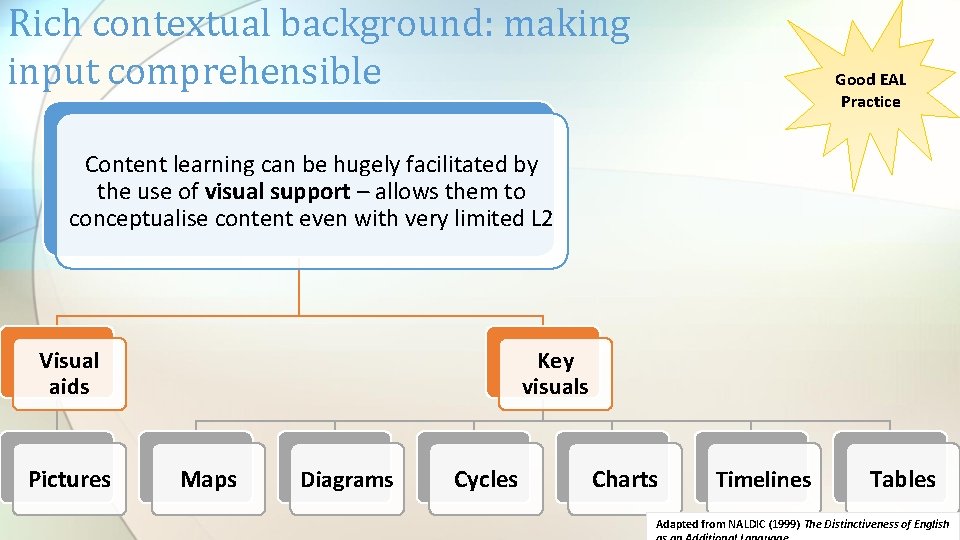 Rich contextual background: making input comprehensible Good EAL Practice Content learning can be hugely