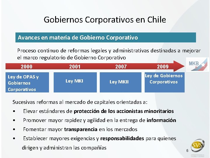 Gobiernos Corporativos en Chile Avances en materia de Gobierno Corporativo Proceso continuo de reformas