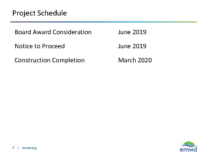 Project Schedule Board Award Consideration June 2019 Notice to Proceed June 2019 Construction Completion