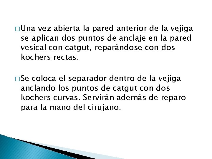 � Una vez abierta la pared anterior de la vejiga se aplican dos puntos