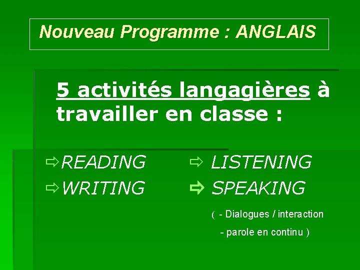 Nouveau Programme : ANGLAIS 5 activités langagières à travailler en classe : READING WRITING