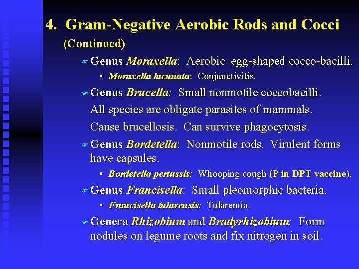 4. Gram-Negative Aerobic Rods and Cocci (Continued) F Genus Moraxella: Aerobic egg-shaped cocco-bacilli. •