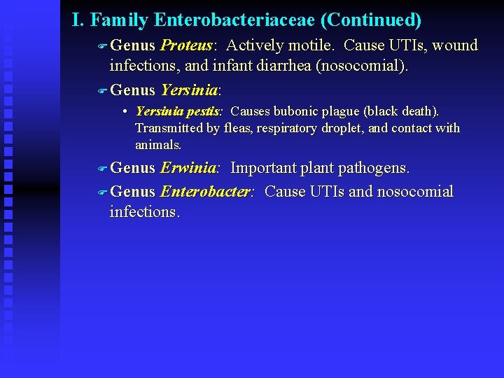 I. Family Enterobacteriaceae (Continued) F Genus Proteus: Actively motile. Cause UTIs, wound infections, and