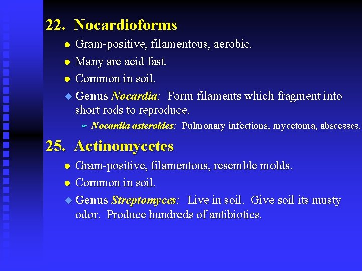 22. Nocardioforms Gram-positive, filamentous, aerobic. l Many are acid fast. l Common in soil.