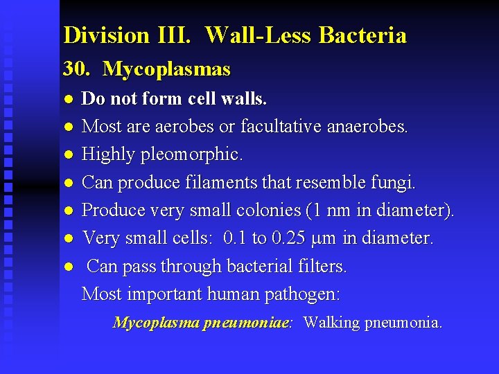 Division III. Wall-Less Bacteria 30. Mycoplasmas l l l l Do not form cell