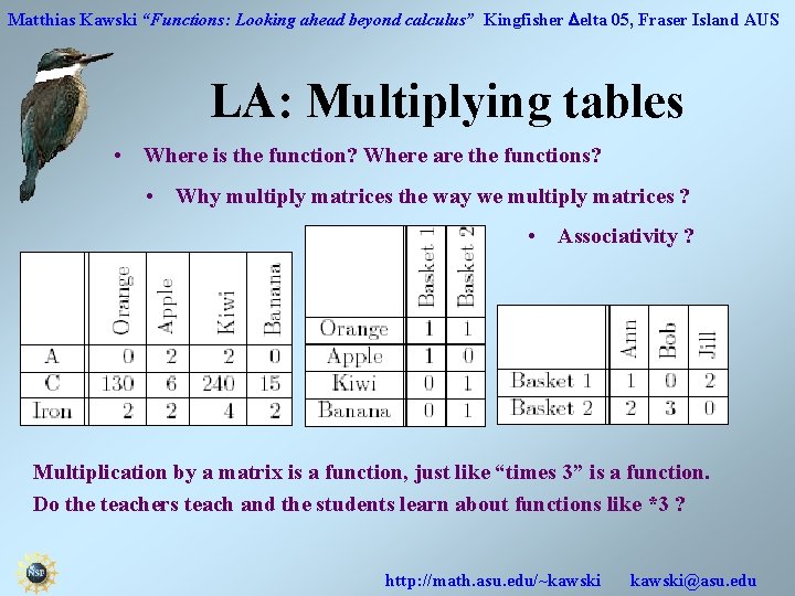 Matthias Kawski “Functions: Looking ahead beyond calculus” Kingfisher Delta 05, Fraser Island AUS LA: