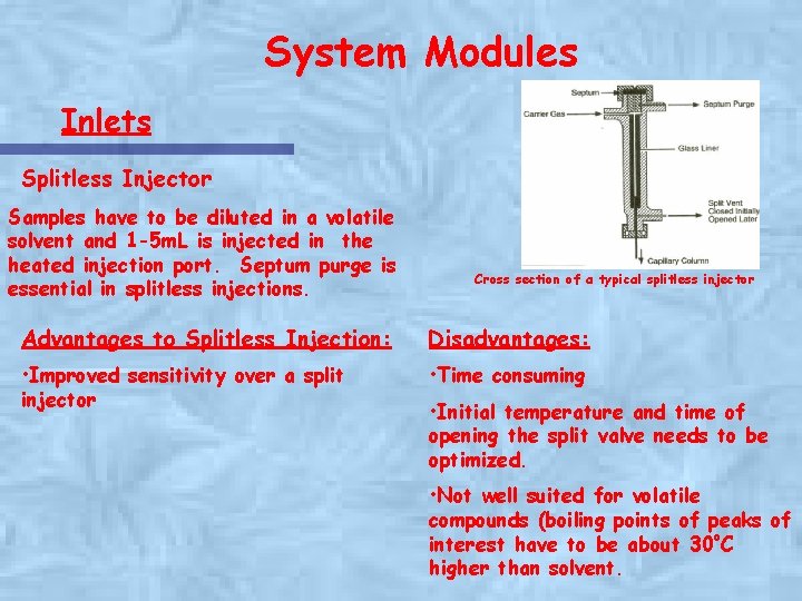 System Modules Inlets Splitless Injector Samples have to be diluted in a volatile solvent