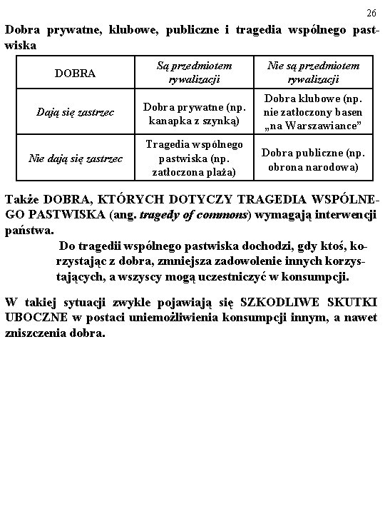 26 Dobra prywatne, klubowe, publiczne i tragedia wspólnego pastwiska Są przedmiotem Nie są przedmiotem