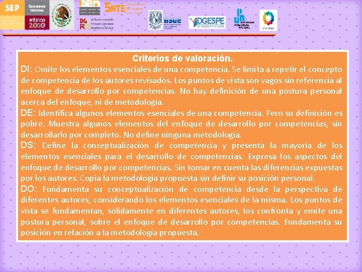 Criterios de valoración. DI: Omite los elementos esenciales de una competencia. Se limita a