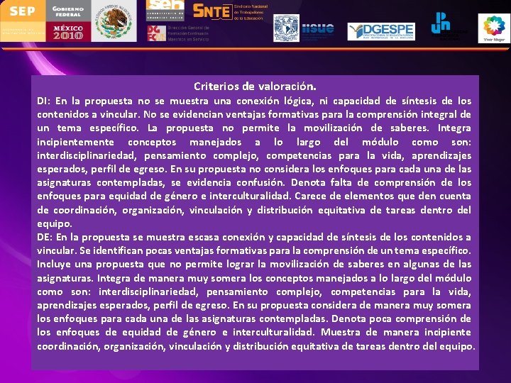 Criterios de valoración. DI: En la propuesta no se muestra una conexión lógica, ni