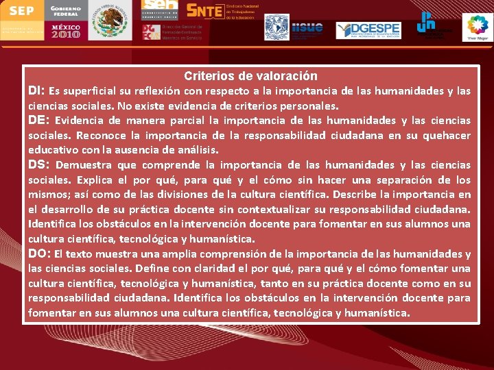 Criterios de valoración DI: Es superficial su reflexión con respecto a la importancia de