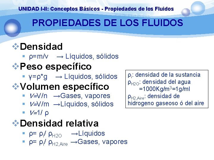 UNIDAD I-II: Conceptos Básicos - Propiedades de los Fluidos PROPIEDADES DE LOS FLUIDOS v.