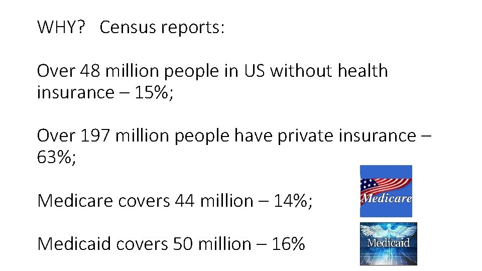 WHY? Census reports: Over 48 million people in US without health insurance – 15%;