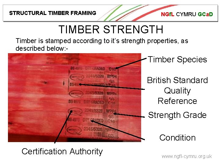 STRUCTURAL TIMBER FRAMING NGf. L CYMRU GCa. D TIMBER STRENGTH Timber is stamped according