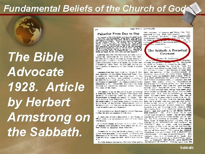 Fundamental Beliefs of the Church of God The Bible Advocate 1928. Article by Herbert