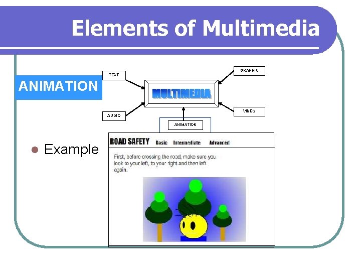 Elements of Multimedia GRAPHIC TEXT ANIMATION VIDEO AUDIO ANIMATION l Example 