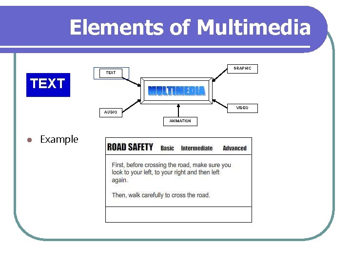 Elements of Multimedia GRAPHIC TEXT VIDEO AUDIO ANIMATION l Example 