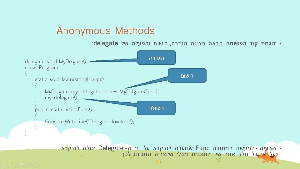 Anonymous Methods : delegate רישום והפעלה של , § דוגמת קוד הפשוטה הבאה מציגה