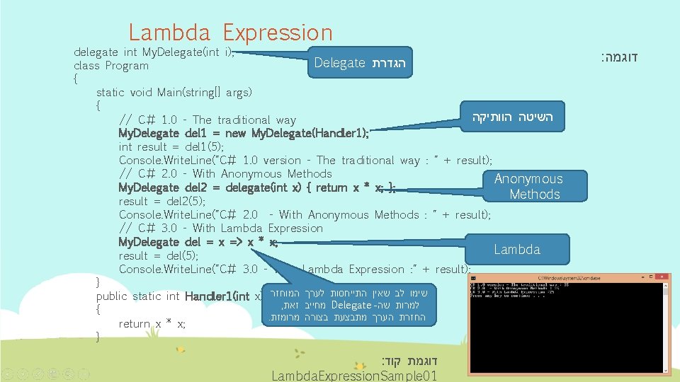 Lambda Expression delegate int My. Delegate(int i); Delegate הגדרת class Program { static void