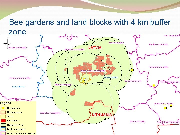 Bee gardens and land blocks with 4 km buffer zone 12 