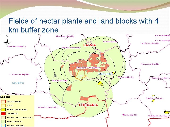 Fields of nectar plants and land blocks with 4 km buffer zone 13 