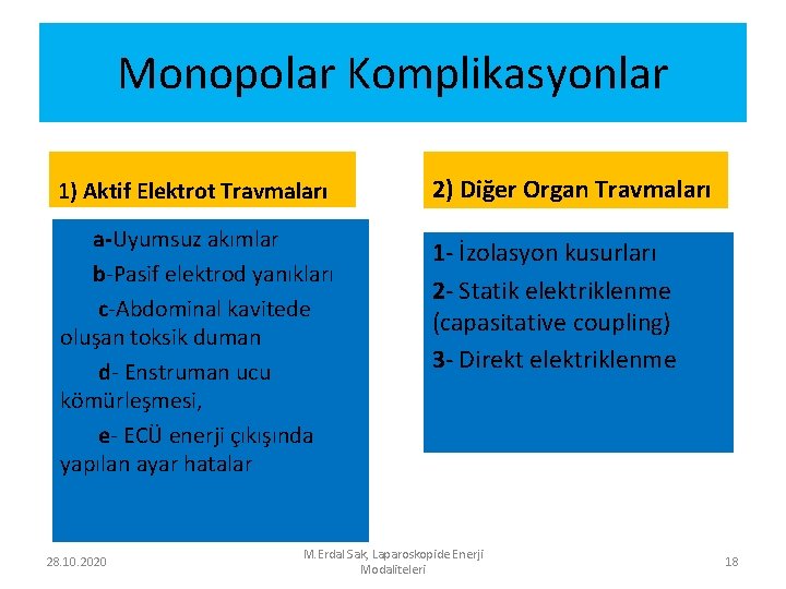 Monopolar Komplikasyonlar 1) Aktif Elektrot Travmaları a-Uyumsuz akımlar b-Pasif elektrod yanıkları c-Abdominal kavitede oluşan