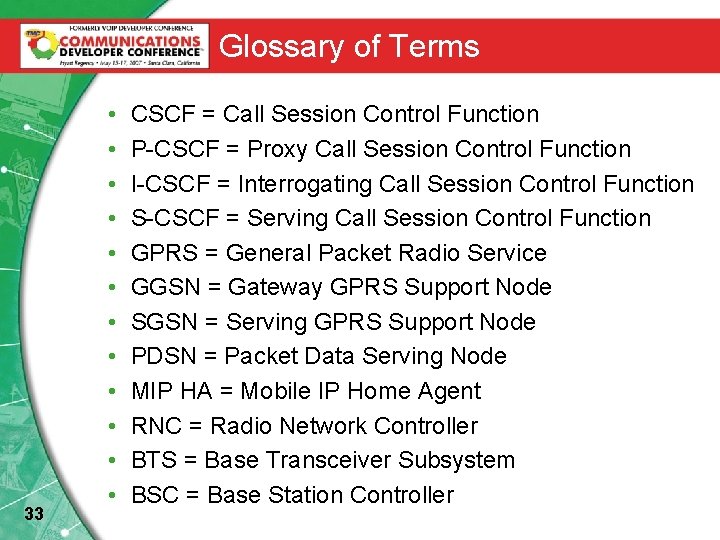 Glossary of Terms 33 • • • CSCF = Call Session Control Function P-CSCF