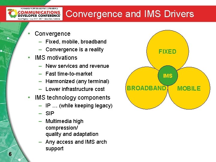 Convergence and IMS Drivers • Convergence – Fixed, mobile, broadband – Convergence is a