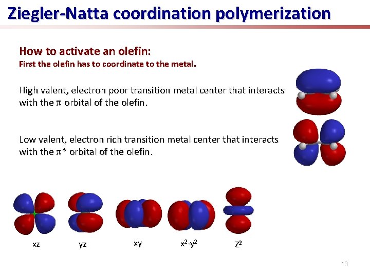 Ziegler-Natta coordination polymerization How to activate an olefin: First the olefin has to coordinate