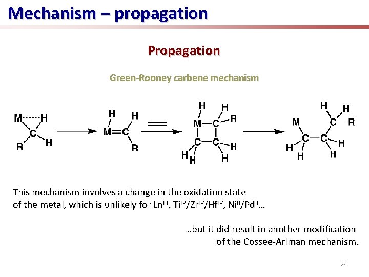 Mechanism – propagation Propagation Green-Rooney carbene mechanism This mechanism involves a change in the