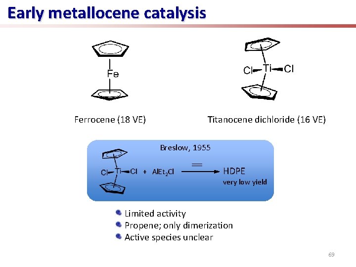 Early metallocene catalysis Ferrocene (18 VE) Titanocene dichloride (16 VE) Breslow, 1955 + Al.