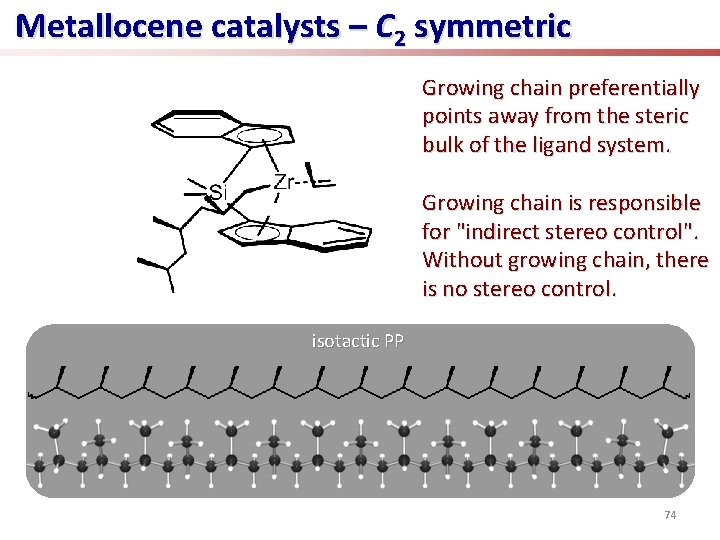 Metallocene catalysts – C 2 symmetric Growing chain preferentially points away from the steric