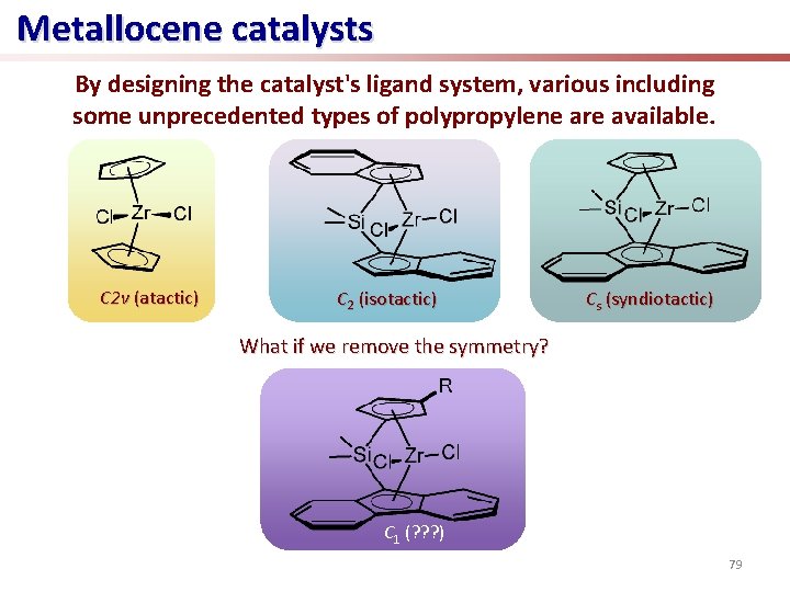 Metallocene catalystsand their effect on tacticity. Different ligand symmetries By designing the catalyst's ligand
