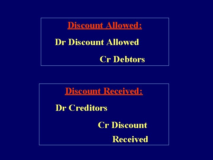 Discount Allowed: Dr Discount Allowed Cr Debtors Discount Received: Dr Creditors Cr Discount Received