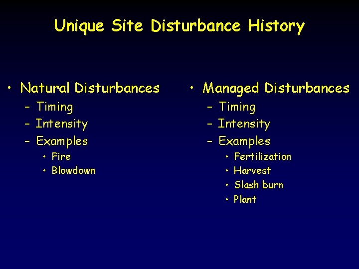 Unique Site Disturbance History • Natural Disturbances – Timing – Intensity – Examples •