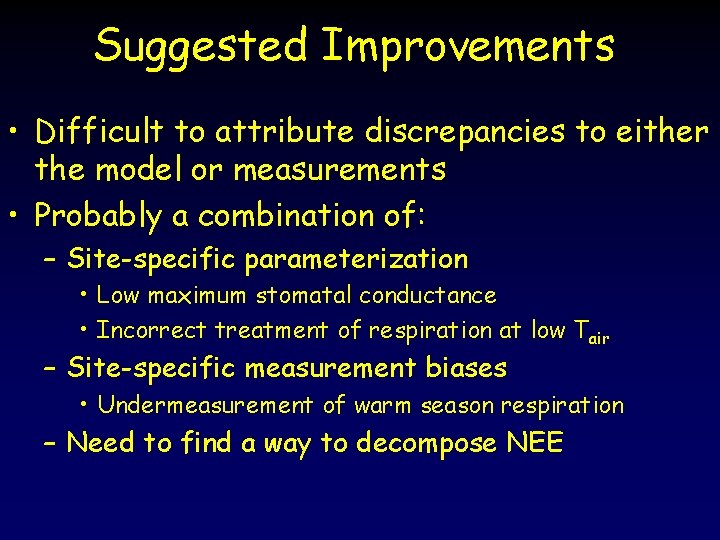 Suggested Improvements • Difficult to attribute discrepancies to either the model or measurements •