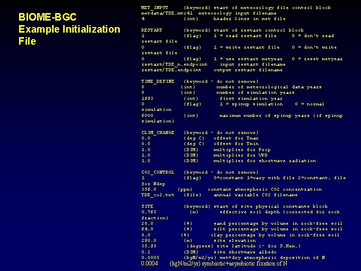 BIOME-BGC Example Initialization File MET_INPUT (keyword) start of meteorology file control block metdata/TDE. mtc