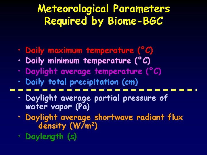 Meteorological Parameters Required by Biome-BGC • • Daily maximum temperature (°C) Daily minimum temperature