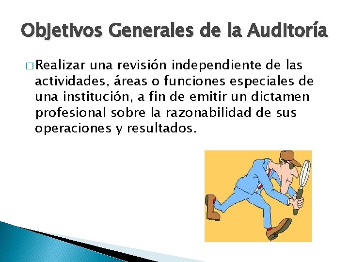 Objetivos Generales de la Auditoría � Realizar una revisión independiente de las actividades, áreas