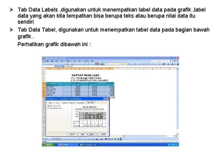  Tab Data Labels , digunakan untuk menempatkan label data pada grafik , label