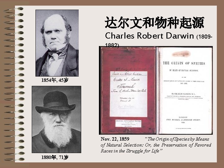 达尔文和物种起源 Charles Robert Darwin (18091882) 1854年, 45岁 Nov. 22, 1859 “The Origin of Species