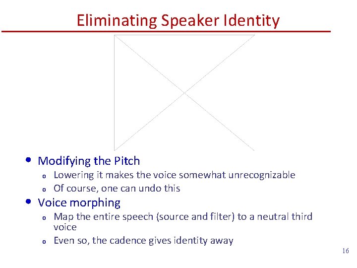 Eliminating Speaker Identity • Modifying the Pitch o • o Lowering it makes the