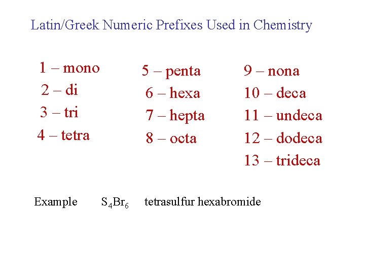 Latin/Greek Numeric Prefixes Used in Chemistry 1 – mono 2 – di 3 –